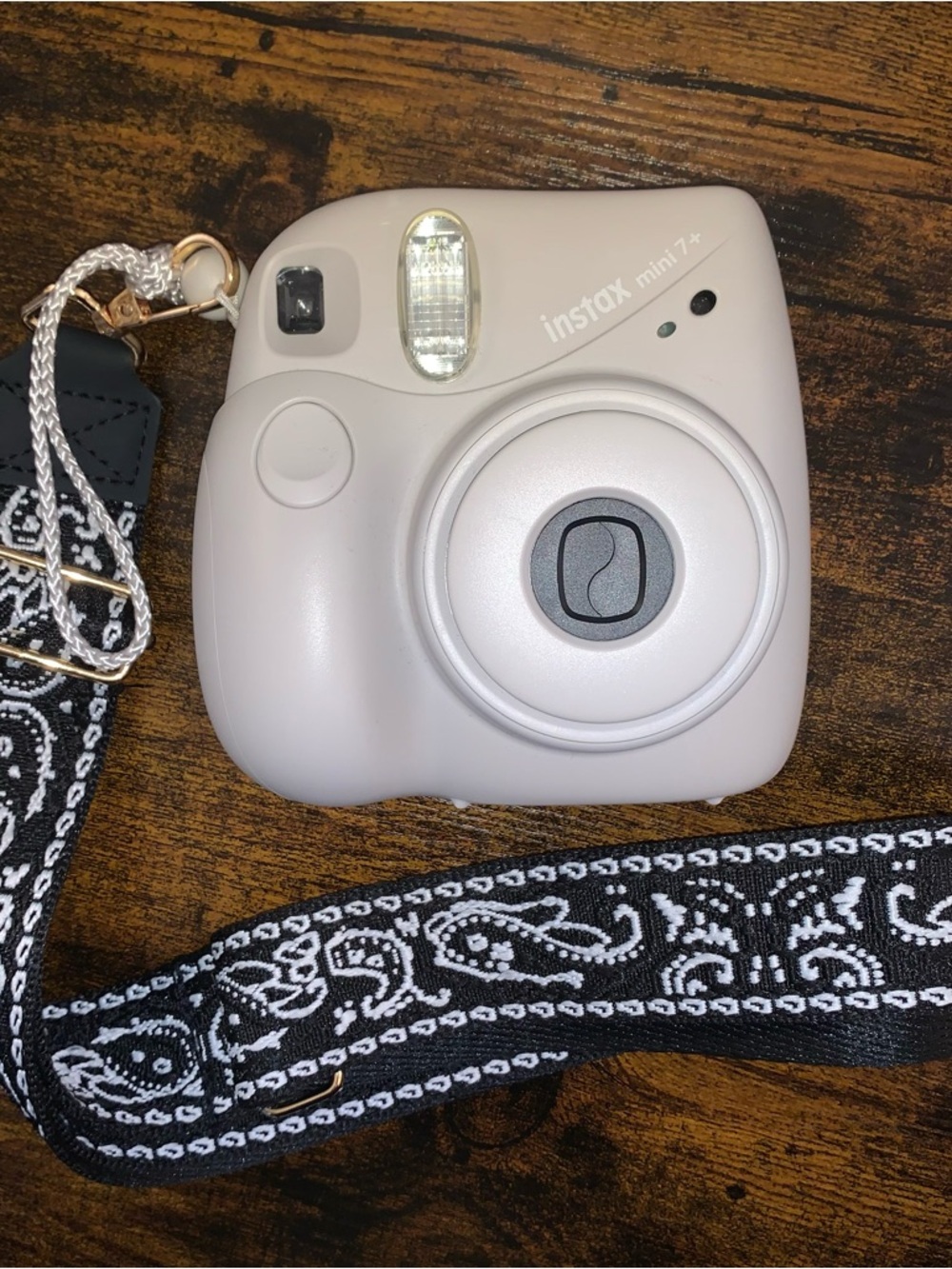 Instax Mini 7+ Beige Instant Camera with Black & White Patterned Strap